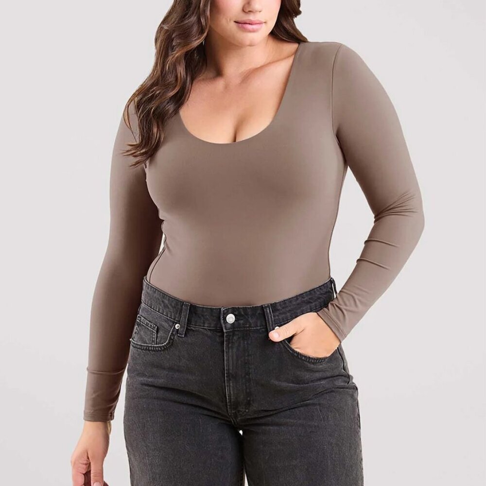 Nuuds Mocha Long Sleeve Scoop Neck Bodysuit Size M